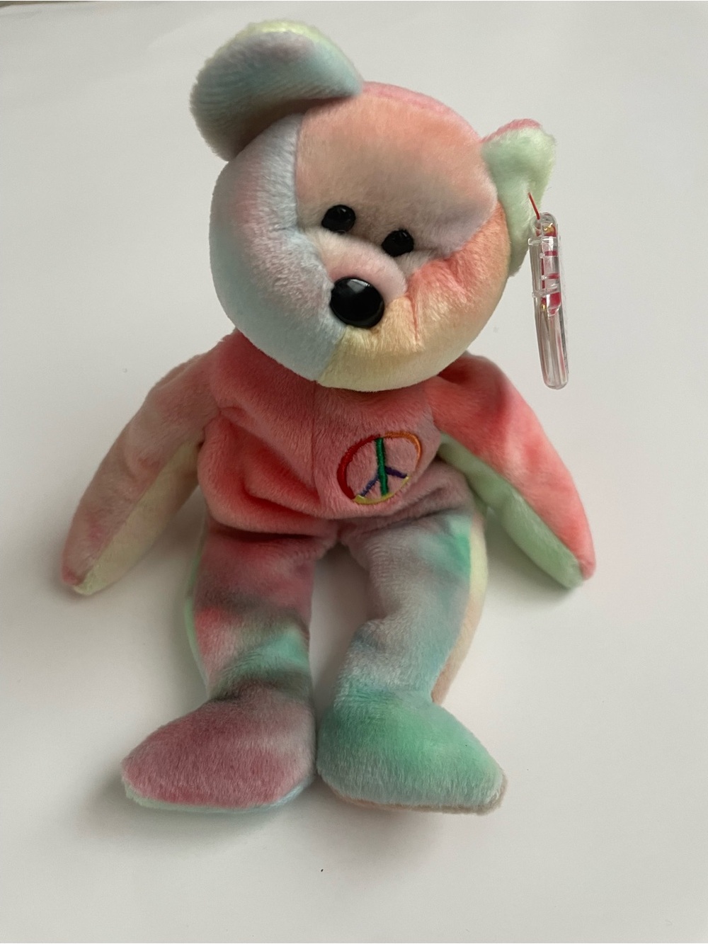 Vintage 1997 Ty Beanie Baby Peace the Bear Rainbow Tie Dye Embroidered Peace Sig